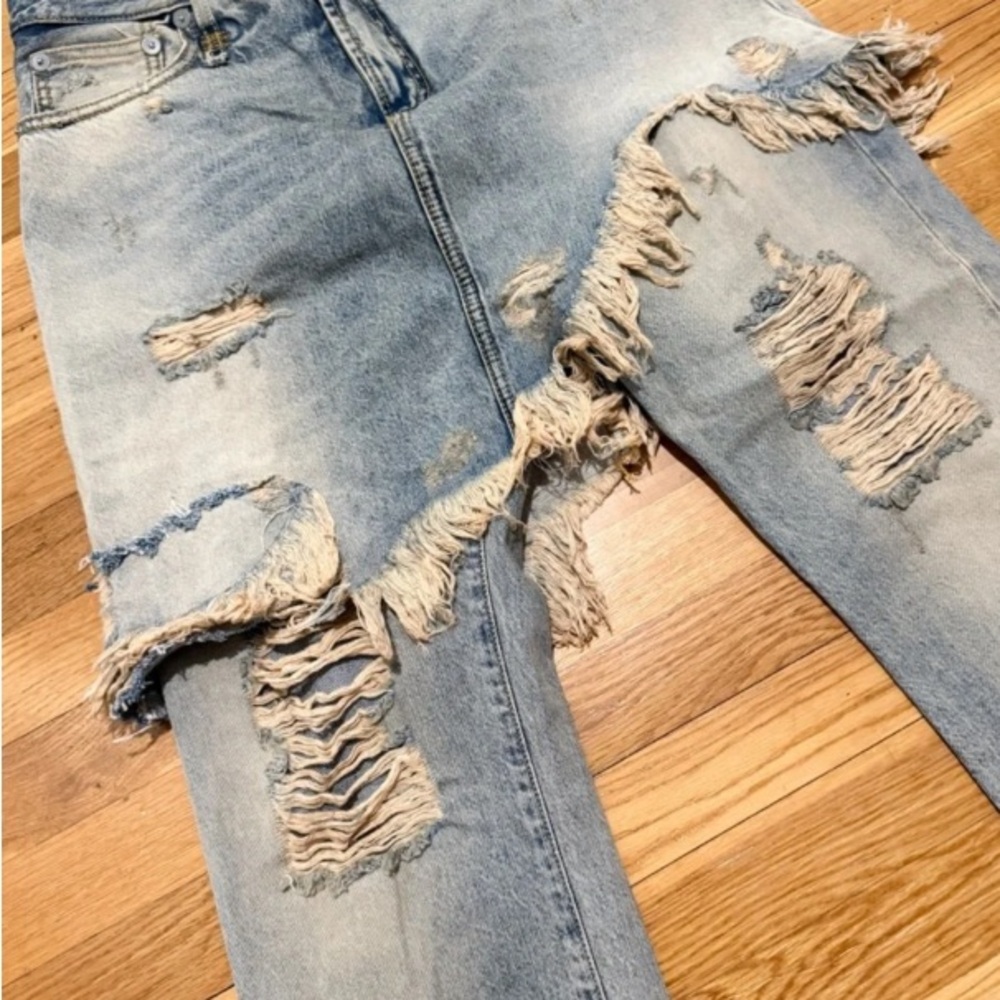 R13 Double Classic Shredded Skirt Jeans 28 Leyton Blue Distressed Layered Denim - Picture 9 of 14